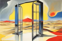 a surreal open glass gate in a glass wall with a view of a desolate landscape, storm, strong contrasts, by artist "Leonora Carrington",by artist "Zaha Hadid",These colors are bold, vibrant, and intense, including shades of primary colors such as red, blue, and yellow.