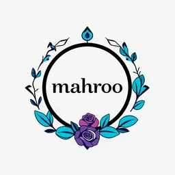 A circular logo with the name (mahroo) designed for a cosmetics store with the symbol of the moon and turquoise and indigo colors and a blue and black circle around the work with cosmetics and nail polish, lipstick, cologne, body spray, and rose leaves.