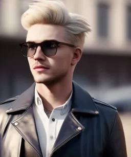 Young attractive male, blonde hair, slight beard, clear glasses, cinematic, depth of field, blue eyes, leather jacket, happy