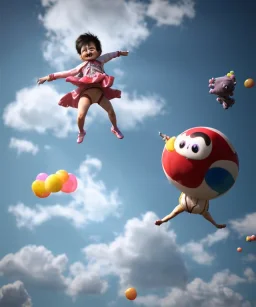 Ultra realistic speed clouds sky scene, wide angle view, child falling down with many Children background, inflatable monsters, circus dress style, feather color, free jumping flying, many trinkets, hair monster, many jelly beans, balls, color smoke, smile, happy, extreme, wind, clouds sea, 20,000 feet altitude, stratosphere, soft color, highly detailed, unreal engine 5, ray tracing, RTX, lumen lighting, ultra detail, volumetric lighting, 3d, finely drawn, high definition.