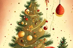 Christmas illustration, whimsical, detailed, warm colors, grainy texture, subject: decorating the christmas tree