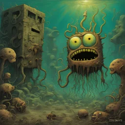 Surreal mutant decayed SpongeBob Squarepants monstrosity, 'he lives in a nightmare under the sea', alternate zombie SpongeBob and Squidward, by Zdzislaw Beksinski, by Jack Davis, by Dave Kendall, sinister unnatural comix underwater landscape, surrealist horror art, creepy eerie dystopian.