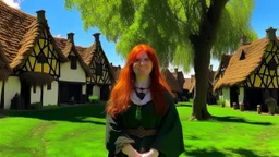 A red-haired, witchy woman standing in the centre of a village green, surrounded by thatched cottages, standing under a large tree. Bright, sunny day.