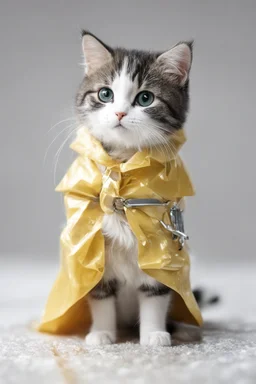 baby cat in raincoat. Chibi, Photograph, Canon DSLR, Tilt - shift, white background, high definition, Complete and coordinated composition, 8k
