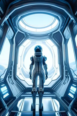 long legged female space pilot in a futuristic revealing translucent space suit standing in front of a panoramic window in a space station orbiting a distant frozen planet