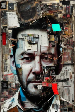 Ultra detailed medium portrait painting of a man, sitting bended over on a chair, looking down with hands in his hair, giving up, broken, dark and abstract background,torn up collage of clippings, broken circuitry background, matrix effects, punk visual art, punk art aesthetic, graffiti art, pop surrealism, collage art, cluttered paint glitches