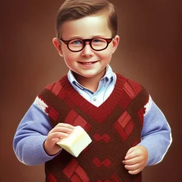 Peter billingsley chubby kid Tortoise-shell glasses, Holding a ((dark red soap bar)) in his hand, brown argyle sweater