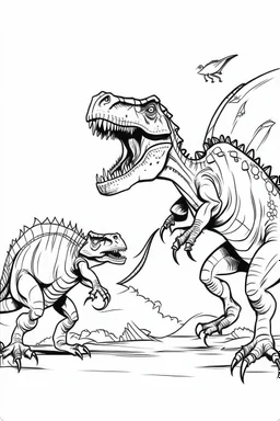 create a coloring page, white background Depict a T-Rex confronting a rival dinosaur, such as a Triceratops or another T-Rex, in a dramatic standoff over territory ink drawing clipart, simple line illustrations, colored