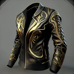 A high detailed 3d render of a black and gold long black leather jacket.