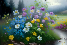 Oil painting of a landscape, wit several kinds of summer flowers blossoming, on a rainy day, realistic colors, ultra high details