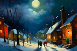 oil paint, people walking at night on a snowy village street, night lights, colours, trees without leaves, moon behind the clouds, extra ordinary details