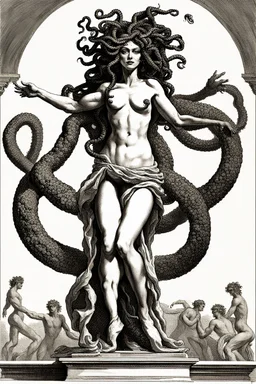 Gorgon medusa in full height, dancing