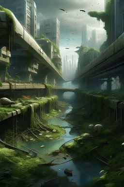 genera realista de una ciudad moderna intraterrena , mucha vegetacion, pajaros e insectos, figuras humanoides a lo lejos