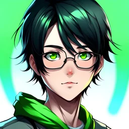 Teenage boy, skater style black hair, blue-green eyes, nerdy style glasses, anime style, front facing, looking into the camera, nerdy looking,