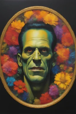 Frankenstein monster's face inside a round gold frame, multicolored, large, Floral/rainbow designs, atmospheric, beautiful, bright, vibrant colors, pitch-black background, oil painting by Boris Vallejo, 4k UHD, Photorealistic, professional quality