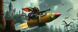 hairy macho gremlin octopus lizard alien couple living in a hi tech marvellous hot dog art graphics and gems on rocket with a mounted sling shot, heading for venus stone castle, background motion blur and smoke swirls, and cheeky geese through giant forest with thick tree stumps and grainy textured trees