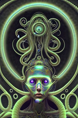 Spiritual being with Tentacles over human Head creating reality around, wrapping Spiral around Human, Psychedelic