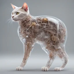 Mechanical anatomy of a cat being, transparent skin revealing all the mechanisms 8k