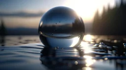 lyrical abstraction, water droplets, a small metallic sphere levitating close to the horizon, translucent, beautiful, ethereal, national geographic photography, artstation, concept art ambient occlusion, vray render, Unreal Engine 5, Photorealism, 8k, cinematic,