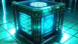 Cube tesseract from movie Loki. Tesseract size must be half of ration size. Located strictly in the middle of picture with space around it and with navy blue/green glow inside tesseract. Without surface/table on which it stay.