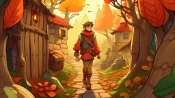 In the autumn season that colors the trees with warm colors, an adventurous young hero appears through his lively and bold appearance. The young man walks confidently through the village corridors, with a look of defiance and curiosity on his face. The hero is dressed for his adventures, with a backpack carrying exploration tools and maps, and his heavy boots leave tracks behind in the falling soil. He seems ready to explore the dense forests and deserted places in search of the secrets of the