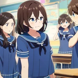 Clear focus, High resolution, Teenager, Adorable, Anime screencap, transformation, long flowy brown hair, hair between eyes, blue eyes, wearing a sailor uniform, blushing and screaming, in the classroom