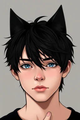 A young man with messy black hair, black cat ears on his head, blue eyes.