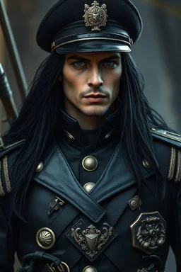 ZORRO , a High Commander of a Dieselpunk utopia in a ww2 military dress, up close, fantasy, High details, realistic design, dark vibes, 8k, male, long black hair