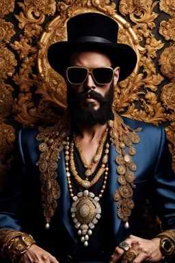 Artistic photo in the audacious style of Jill Greenberg, of man with a luxurious and striking style, abundance of jewelry, oversized square one-piece sunglasses,black beard, prints, extravagant, baroque scene , impasto style with thick textured strokes