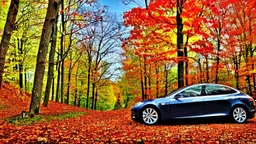 A Tesla's 'Model S Plaid' is parked, in the 'Great Smoky Mountains' National Park, in Tennessee. CINEMATIC. WIDE ANGLE LENS. PHOTO REAL.