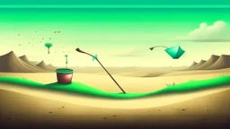 A surreal mixed media artwork showing a desert landscape with a surreal twist, where a whimsical shovel is transforming into a vice to secure a delicate antenna