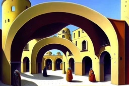 a round plaza, a Roman arcade with arches curved around it, by artist "Leonora Carrington"