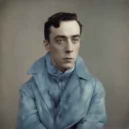 Actor buster keaton, blue, autochrome, plastic puffy jacket