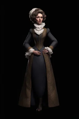 warm but stern aunty victorian era, posh british accent influenced, high born facial features dnd character on a solid black background, full body image, high quality realistic.