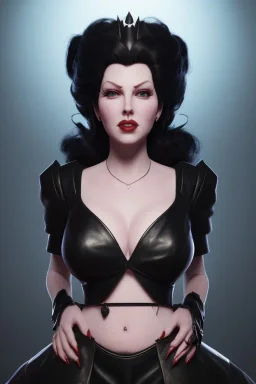 Lana Turner as evil queen in black leather, leather, busty, cleavage, angry, stern look. character design by cory loftis, fenghua zhong, ryohei hase, ismail inceoglu and ruan jia. unreal engine 5, artistic lighting, highly detailed, photorealistic, fantasy