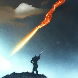 doom scenary. Heavy rain. Epic Lighting in the sky. Knight with a sword. Falling meteorite from the sky. Meteorite burning in the distance.