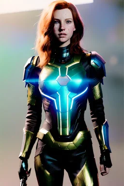 comic book illustration, ultrarealistic, concept art, strikingly beautiful (18 year old girl:1.2),_skimpy sci-fi armor_, Hair (long ginger:1.1), Face (freckles:1.2), body, medium breasts (light cleavage:1.2), tracing, ambient light, highres, (hyperrealistic:1.2), (perfect face:1.1), intricate (high detail:1.1) body, beautiful detailed eyes (emerald:1.3), _camera_, plump lips ,sci-fi theme, Model hash: ddc3021b