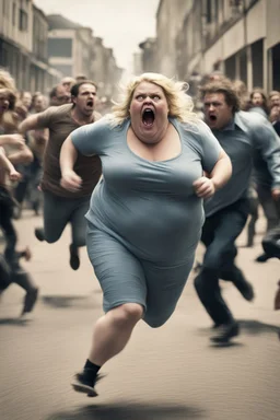 an obese terrified blonde woman running away from an angry mob