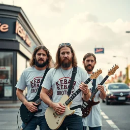 3 swedish Jesus like men in a rockband standing on a busy street wearing a t-shirt and instruments. a kebab brothers t shirt, with a kebab brothers logo, KEBAB BROTHERS tattoo in forehead, KEBAB BROTHERS Sign in background, Kebab brothers store, Kebab Brothers sign on cars, Kebab Brothers cloud in the sky