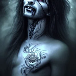 perfect long-haired Vampire, perfect eyes,perfect vampire teeth, full tattoos of roses art and trees extending past face and morphing into galaxy, 8k resolution, high-quality, fine-detail, intricate, digital art, volumetric lighting ,highly detailed, masterpiece, delicate detailed, sharp focus, insanely detailed, fantasy art, intricate detailed, elegant, fog, Special Lighting, Vibrant, color Scheme, forest, unreal engine 5, trending on artstation ,style Daniel Merriam , portrait .