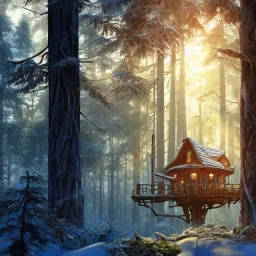 stunning, beautiful treehouse in winter, massive tree, forest, mist, rays of sun, 8k resolution, fine detail, dynamic lighting, fantasy, illustrative, detailed matte painting, sharp focus, greg rutowsky and alphonso mucha