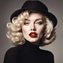 upper body marilyn monroe, a blonde woman with short, wavy hair, is the focal point of the image. she's dressed in a dark brown turtleneck sweater, paired with a black hat and a black suit jacket. her lips are a vibrant red, and her eyes are a deep brown. her hair, a light shade of blonde, is styled in loose waves, adding a touch of whimsy to her appearance. in the background, a man with a black hat and a white shirt is visible..,bokeh like f/0.8, tilt-shift lens 8k, high de