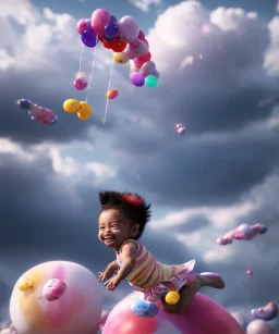 Ultra realistic speed clouds sky scene, wide angle view, child falling down with many Children background, inflatable monsters, circus dress style, feather color, free jumping flying, many trinkets, hair monster, many jelly beans, balls, color smoke, smile, happy, extreme, wind, clouds sea, 20,000 feet altitude, stratosphere, soft color, highly detailed, unreal engine 5, ray tracing, RTX, lumen lighting, ultra detail, volumetric lighting, 3d, finely drawn, high definition.