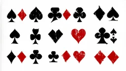 playing card symbols, 4 rows of symbols including diamond, spade, hearts and clubs, inky weathered and degraded looking vector style with rough irregular edges and holes, inspired by IM Fell font, underlined with a rough vector line