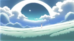 giant half transparent virtual moon, glitchy, blurry, maximum quality, centered on frame, far view, in the middle of a grassy hill, white sky with cumulonimbus, manga, makoto shinkai style