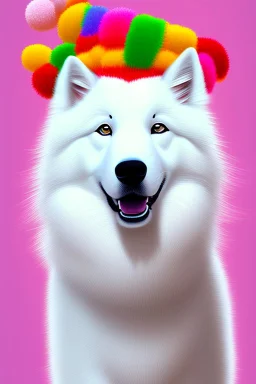 Cute, fluffy, happy looking white Samoyed dog, colorful, summer, festive atmosphere, detailed, congratulating