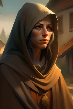 In a humble fantasy village, a blind peasant woman in her late 20s stands wearing simple attire, a hood casting a gentle shadow over her face. Her expression exudes kindness and unwavering hope.