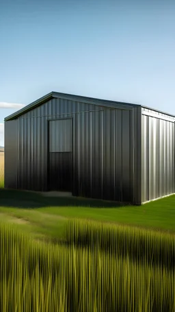 Highly contrasted metal shed on a flat grass landscape with no civilization