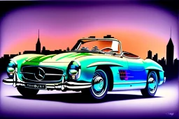 a true-to-life 1956 mercedes benz 300 sl roadster, centered, intricate, extreme detailed, photorealism, center view, city background, pivot on mercedes, pen and color marker painting by cheryl kelley