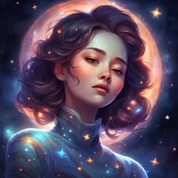 The stars on her neck emit a charming glow, in space art style